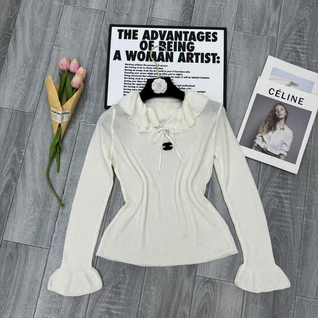 New Fashion Women's CC Ruffle Collar Tie Waist Knit Base Top DM1326100804