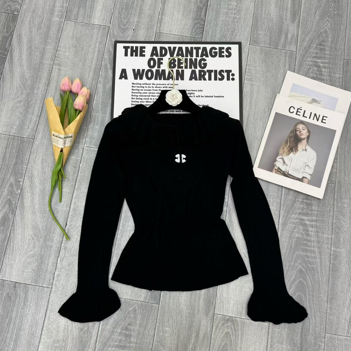 New Fashion Women's CC Ruffle Collar Tie Waist Knit Base Top DM1326100804