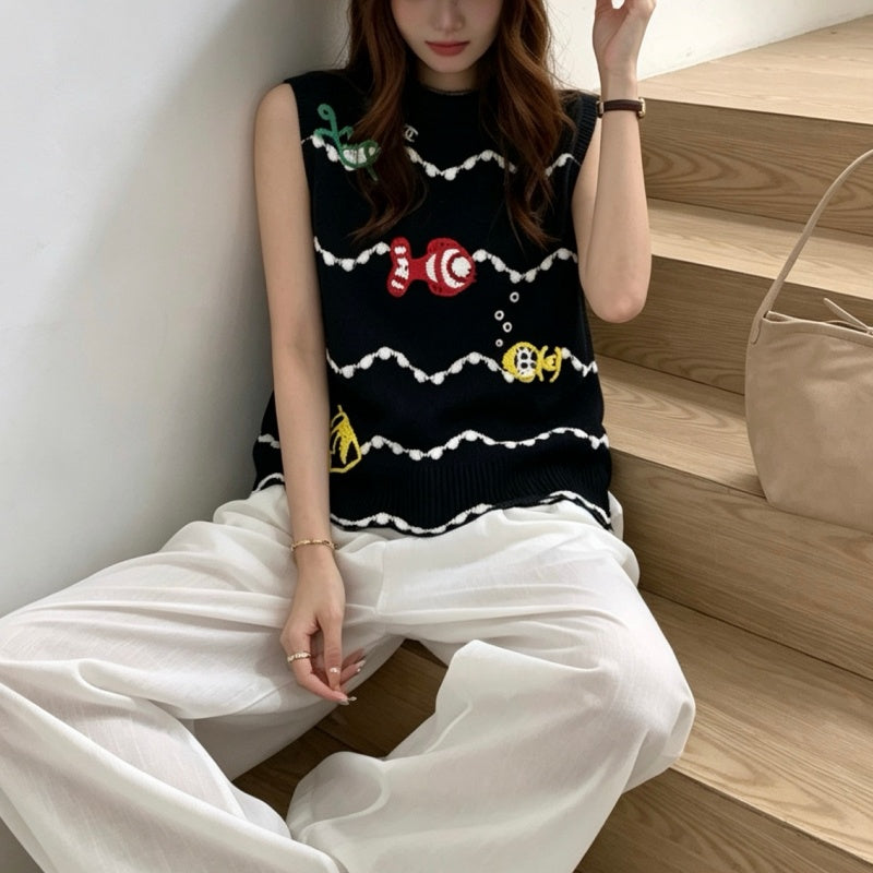 New Fashion Women's CC Cartoon Fish Embroidery Knit Vest CQQ1326100808