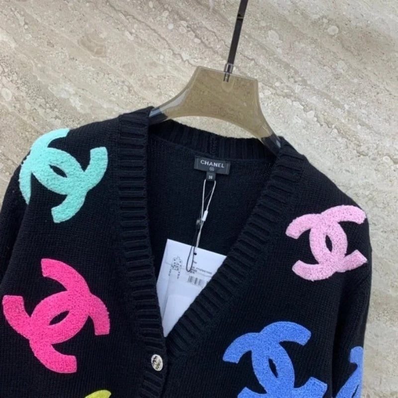New Fashion Women's CC Color Flocking V-Neck Knit Cardigan DM1326100814