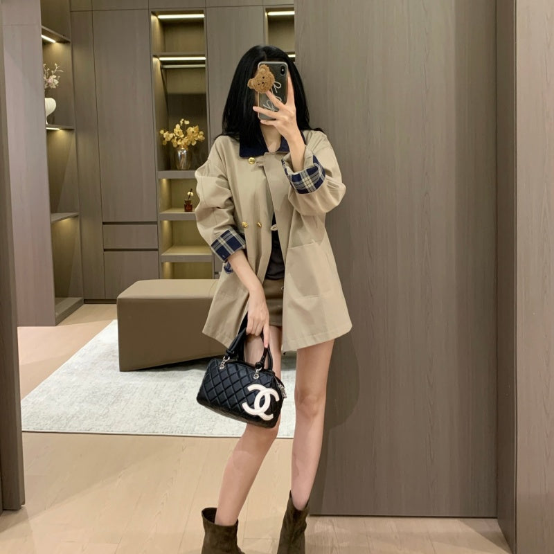 New Fashion Women's CC Plaid Cuff Loose Trench Coat DM1326100817