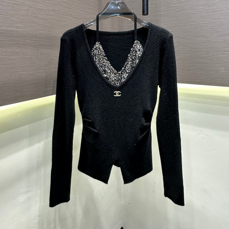 New Fashion Women's CC V Neck Halter Sequin Ruched Knit Top DM1326100823