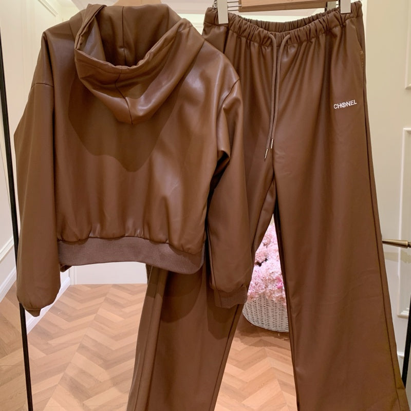 New Fashion Women's CC Hooded PU Leather 2 Piece Set DM1326100826