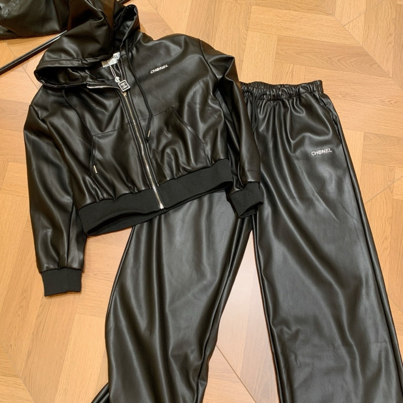 New Fashion Women's CC Hooded PU Leather 2 Piece Set DM1326100826