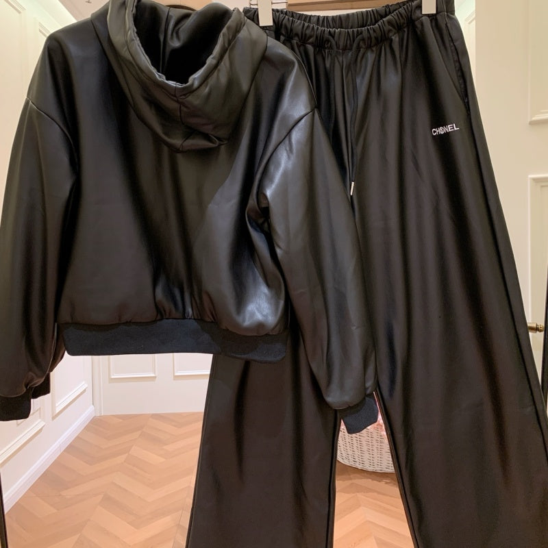 New Fashion Women's CC Hooded PU Leather 2 Piece Set DM1326100826