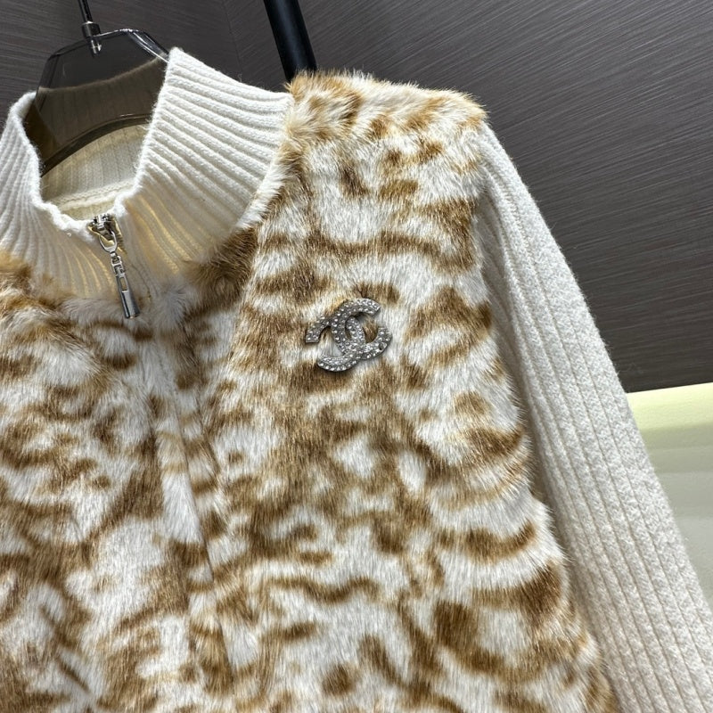 New Fashion Women's CC Leopard Faux Fur Spliced Knit Cardigan DM1326100828