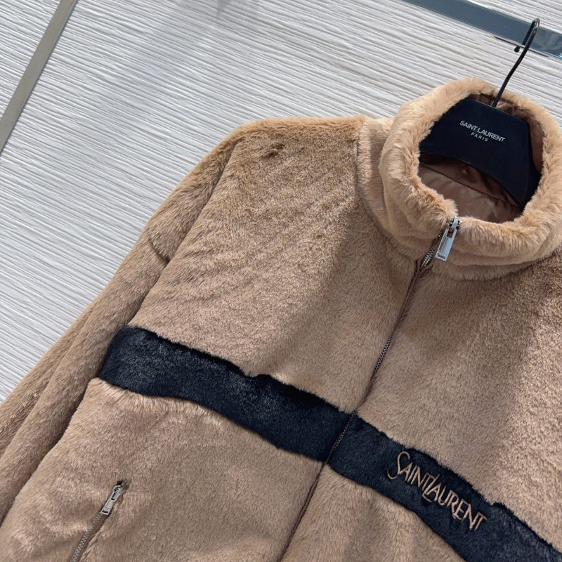 New Fashion Women's Color Block Stand Collar Faux Fur Short Jacket DM1326100832