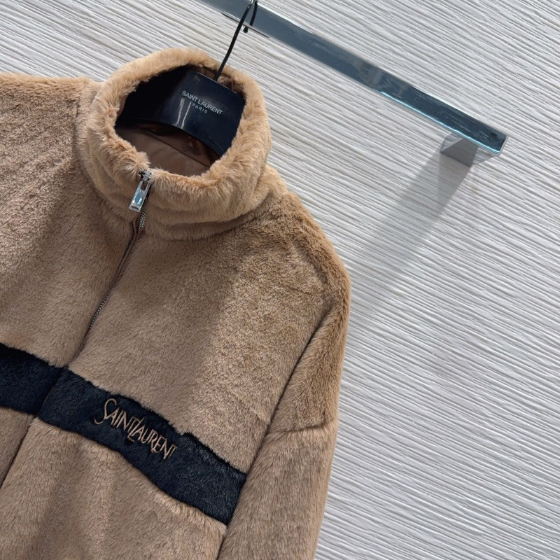 New Fashion Women's Color Block Stand Collar Faux Fur Short Jacket DM1326100832