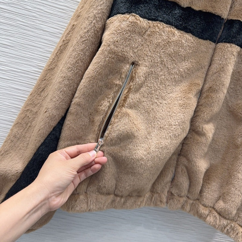 New Fashion Women's Color Block Stand Collar Faux Fur Short Jacket DM1326100832
