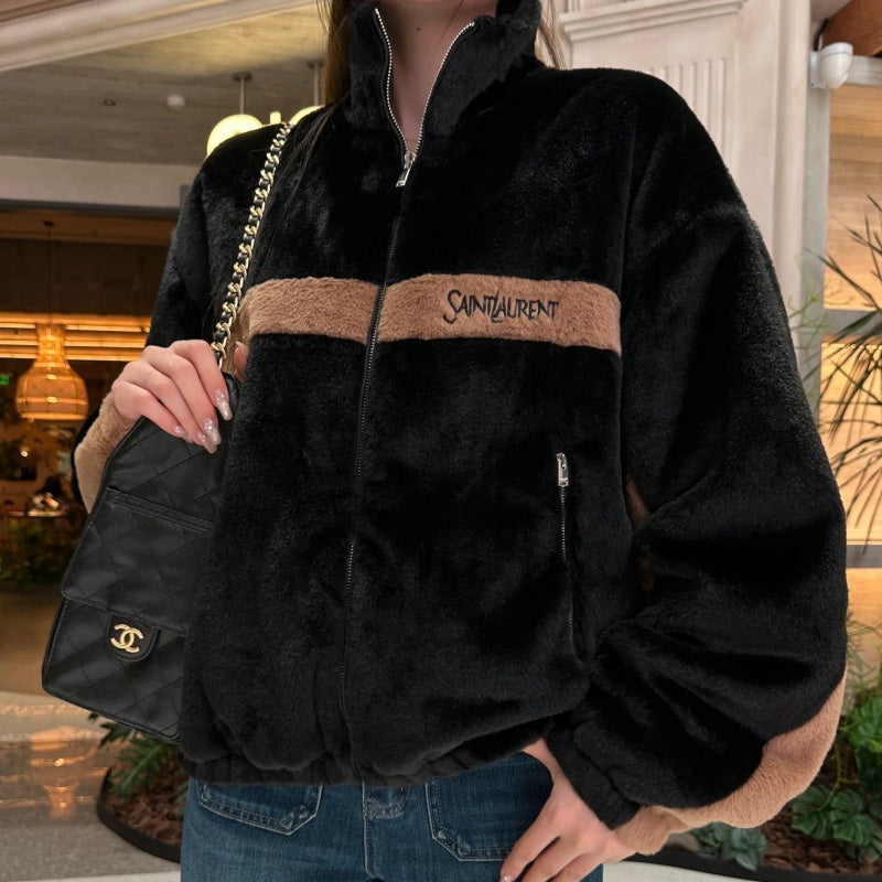 New Fashion Women's Color Block Stand Collar Faux Fur Short Jacket DM1326100832