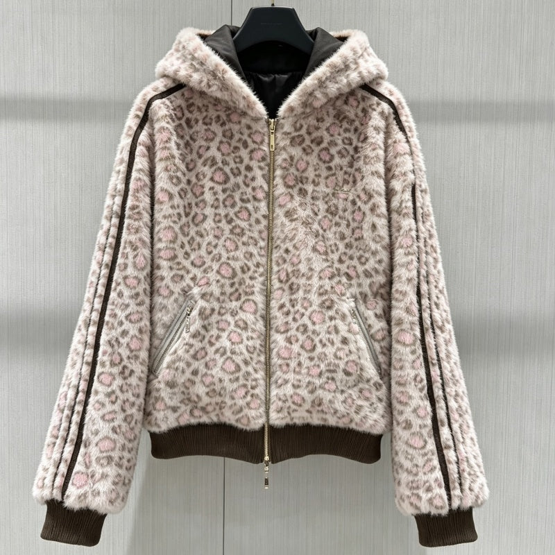 New Fashion Women's Leopard Print Reversible Hooded Fuzzy Coat DM1326101026