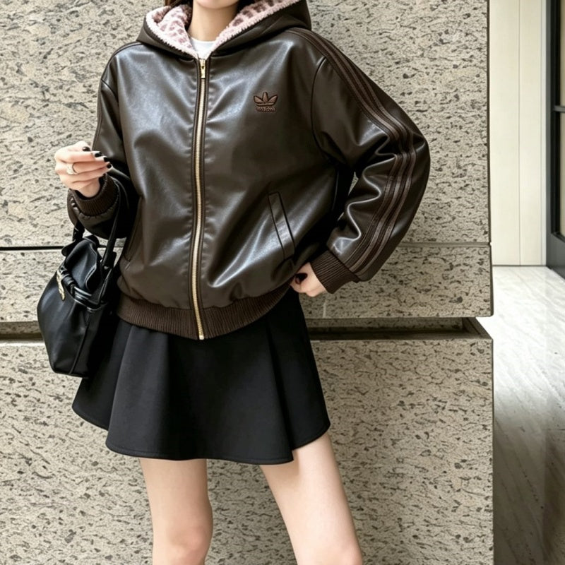 New Fashion Women's Leopard Print Reversible Hooded Fuzzy Coat DM1326101026