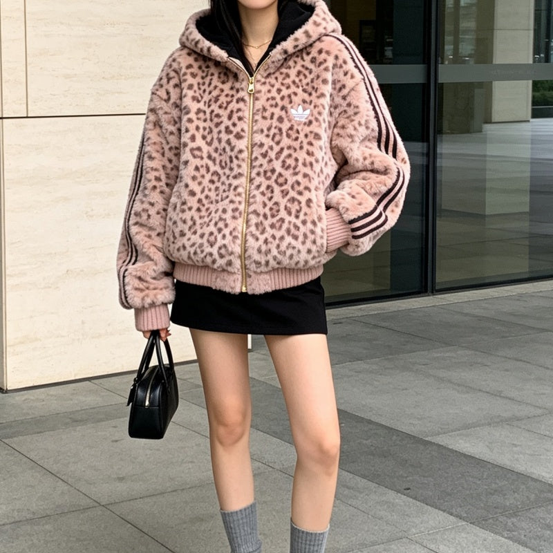 New Fashion Women's Leopard Print Reversible Hooded Fuzzy Coat DM1326101026