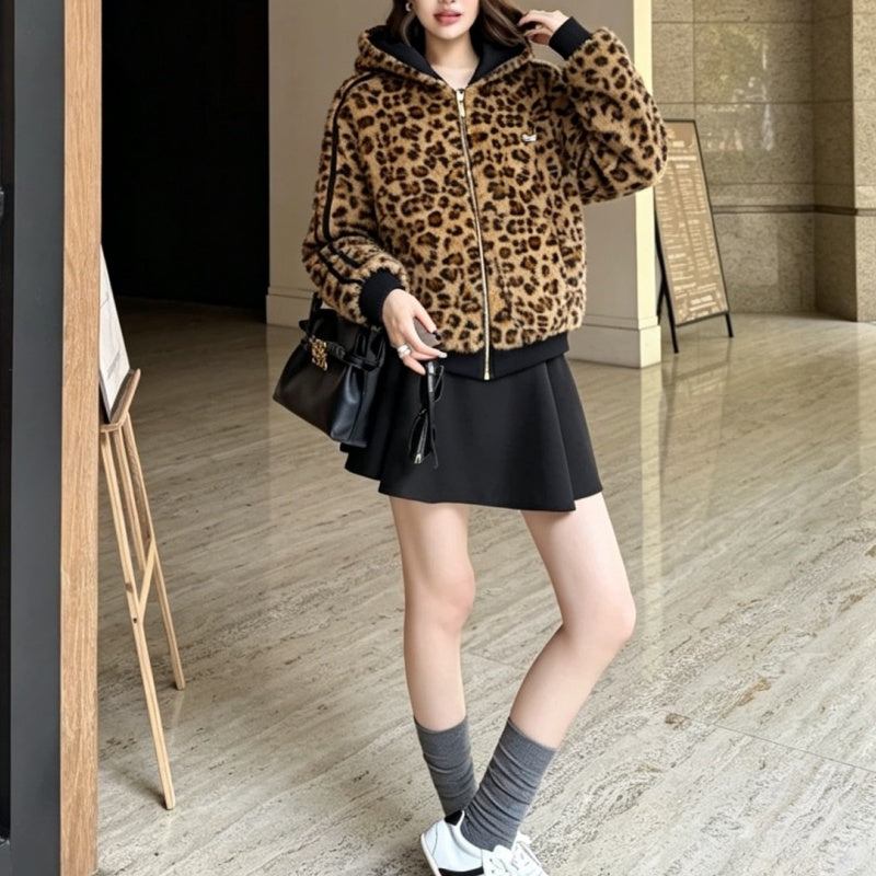 New Fashion Women's Leopard Print Reversible Hooded Fuzzy Coat DM1326101026