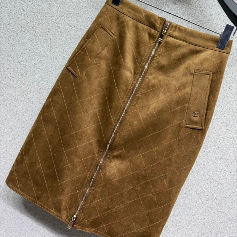 New Fashion Women's Diamond Quilted Suede Midi Skirt DM1326101502