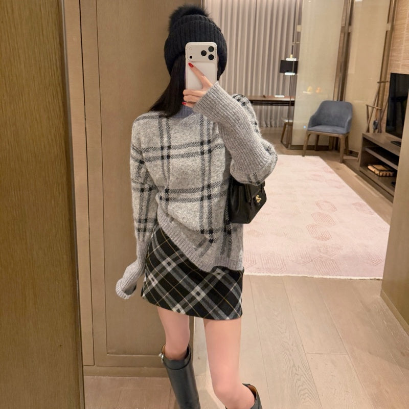 ew Fashion Women's Plaid Sweater And Skirt Set DM1326101505