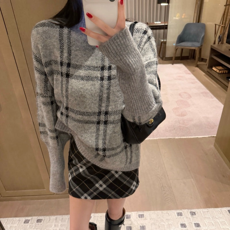 ew Fashion Women's Plaid Sweater And Skirt Set DM1326101505
