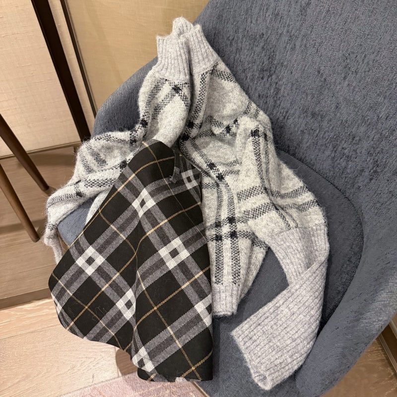 ew Fashion Women's Plaid Sweater And Skirt Set DM1326101505