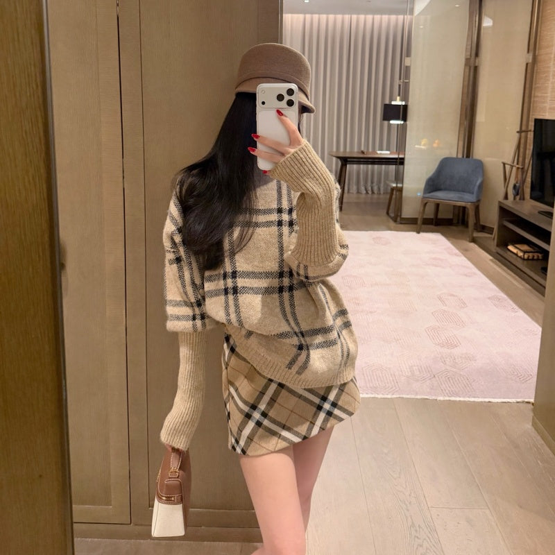 ew Fashion Women's Plaid Sweater And Skirt Set DM1326101505