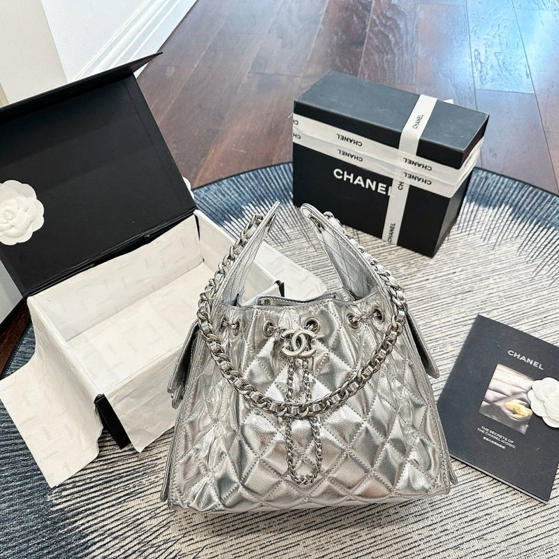 New Fashion Women's Silver Quilted Drawstring Bucket Bag CWT1326101925