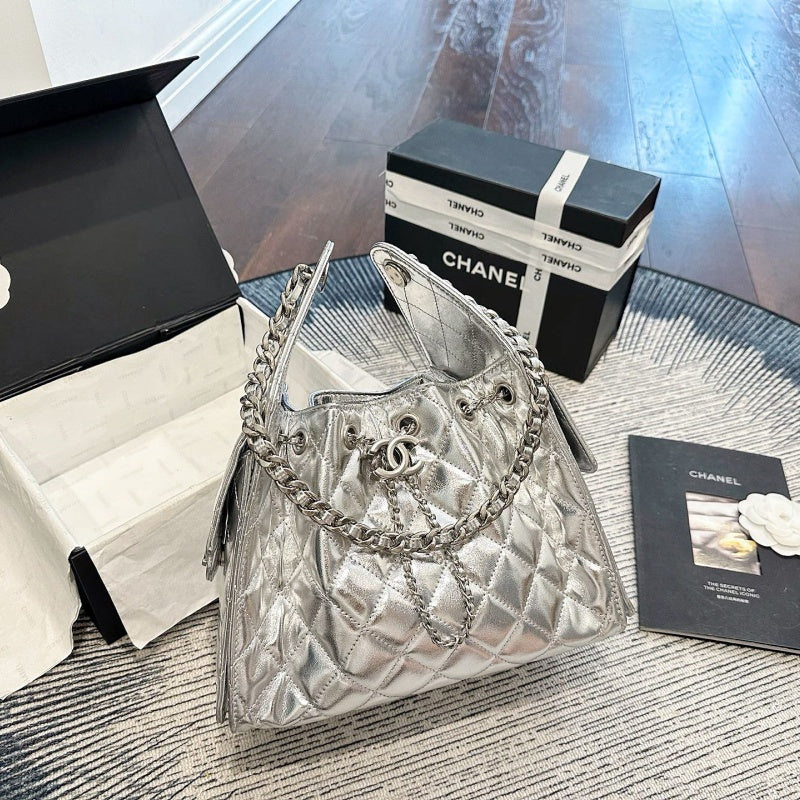 New Fashion Women's Silver Quilted Drawstring Bucket Bag CWT1326101925