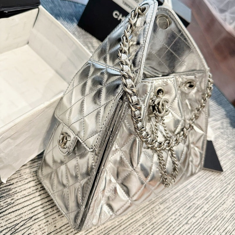 New Fashion Women's Silver Quilted Drawstring Bucket Bag CWT1326101925