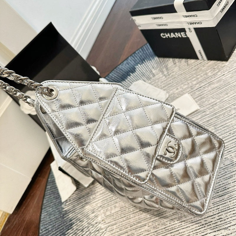 New Fashion Women's Silver Quilted Drawstring Bucket Bag CWT1326101925