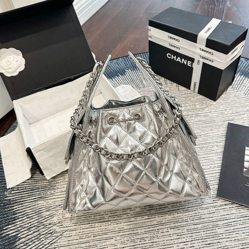 New Fashion Women's Silver Quilted Drawstring Bucket Bag CWT1326101925