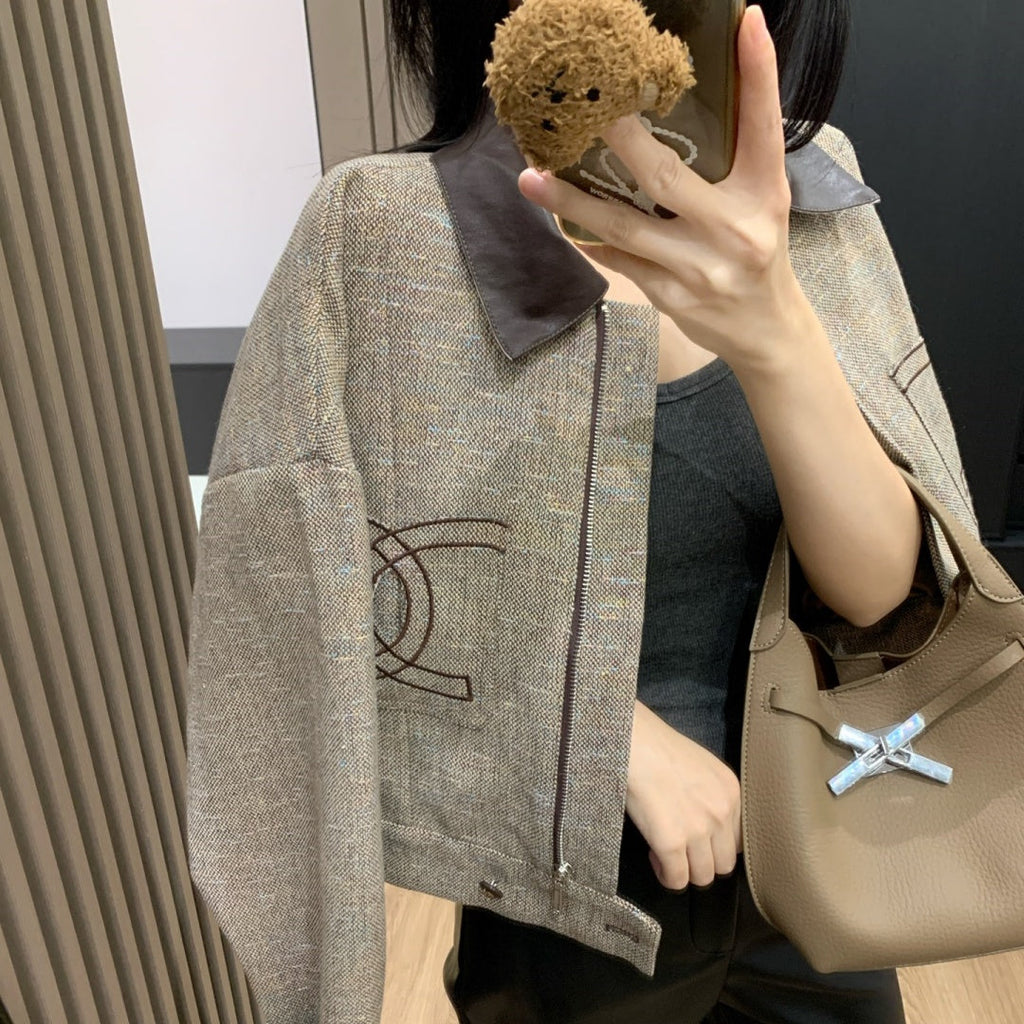 New Fashion Women's Leather Collar Tweed Short Jacket CQQ1326102004