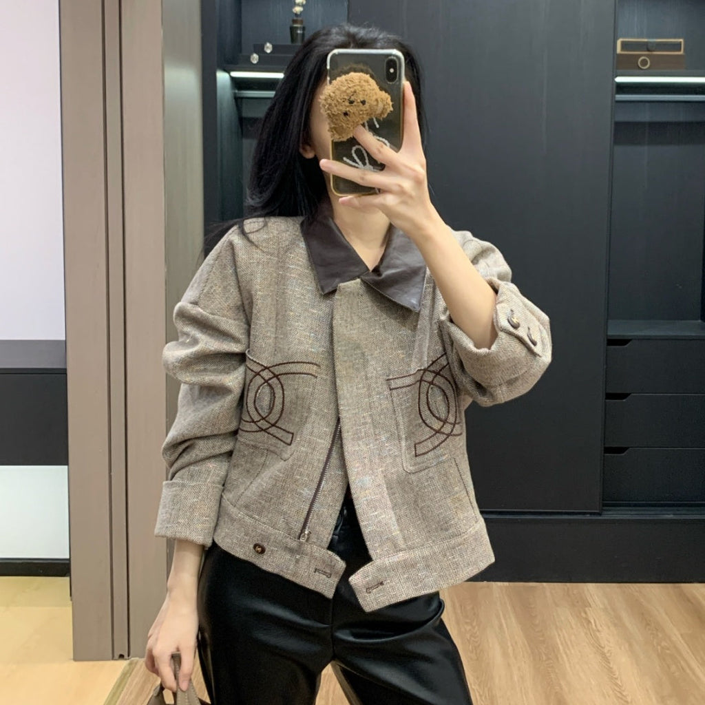 New Fashion Women's Leather Collar Tweed Short Jacket CQQ1326102004