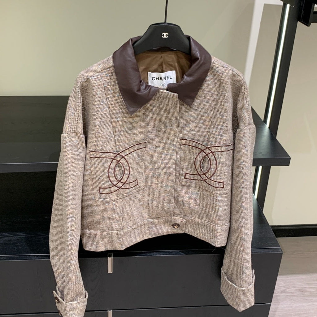 New Fashion Women's Leather Collar Tweed Short Jacket CQQ1326102004