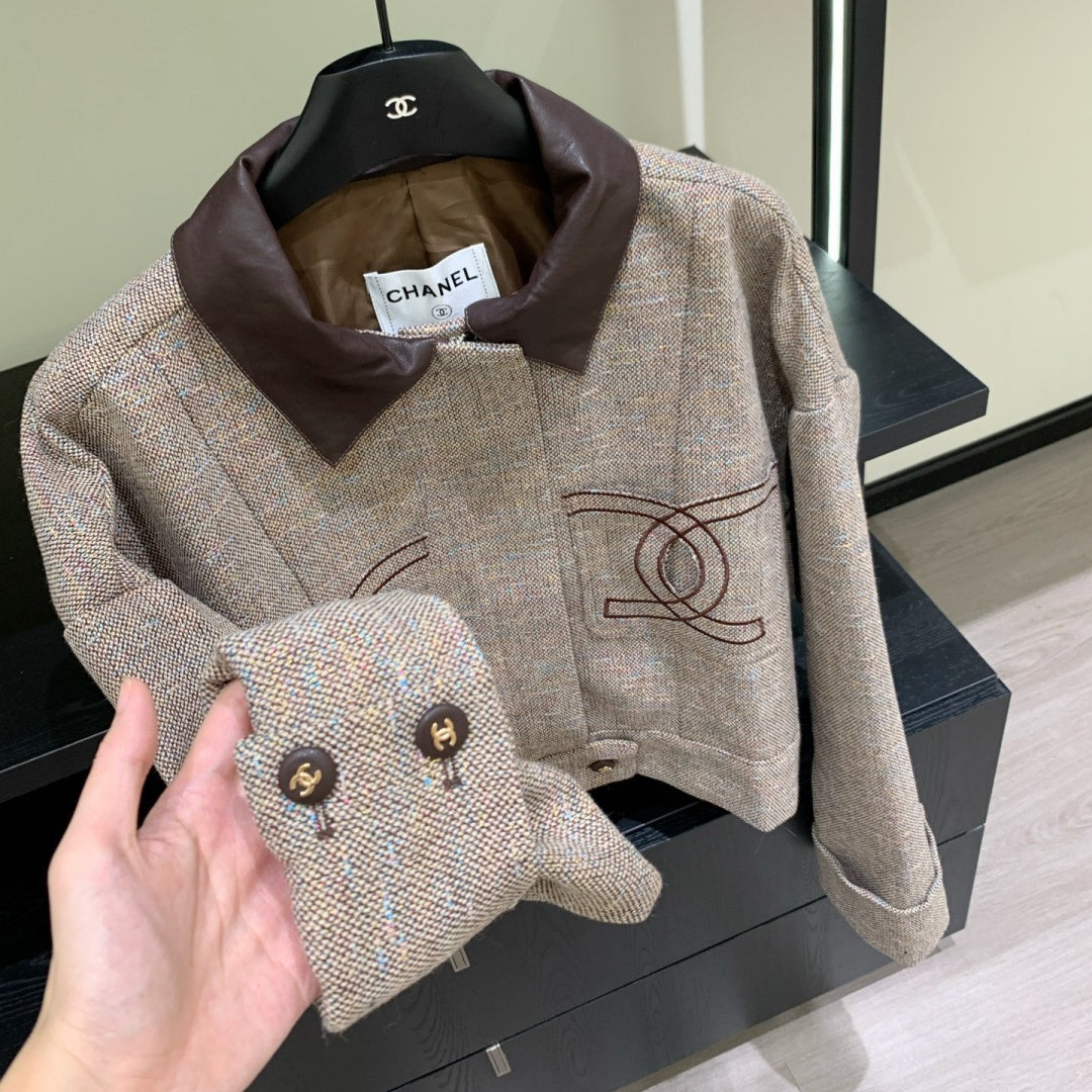 New Fashion Women's Leather Collar Tweed Short Jacket CQQ1326102004
