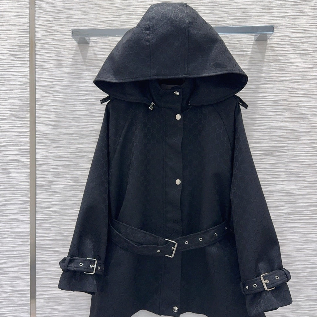 New Fashion Women's All Over Print Hooded Belted Trench Coat CQQ1326102009