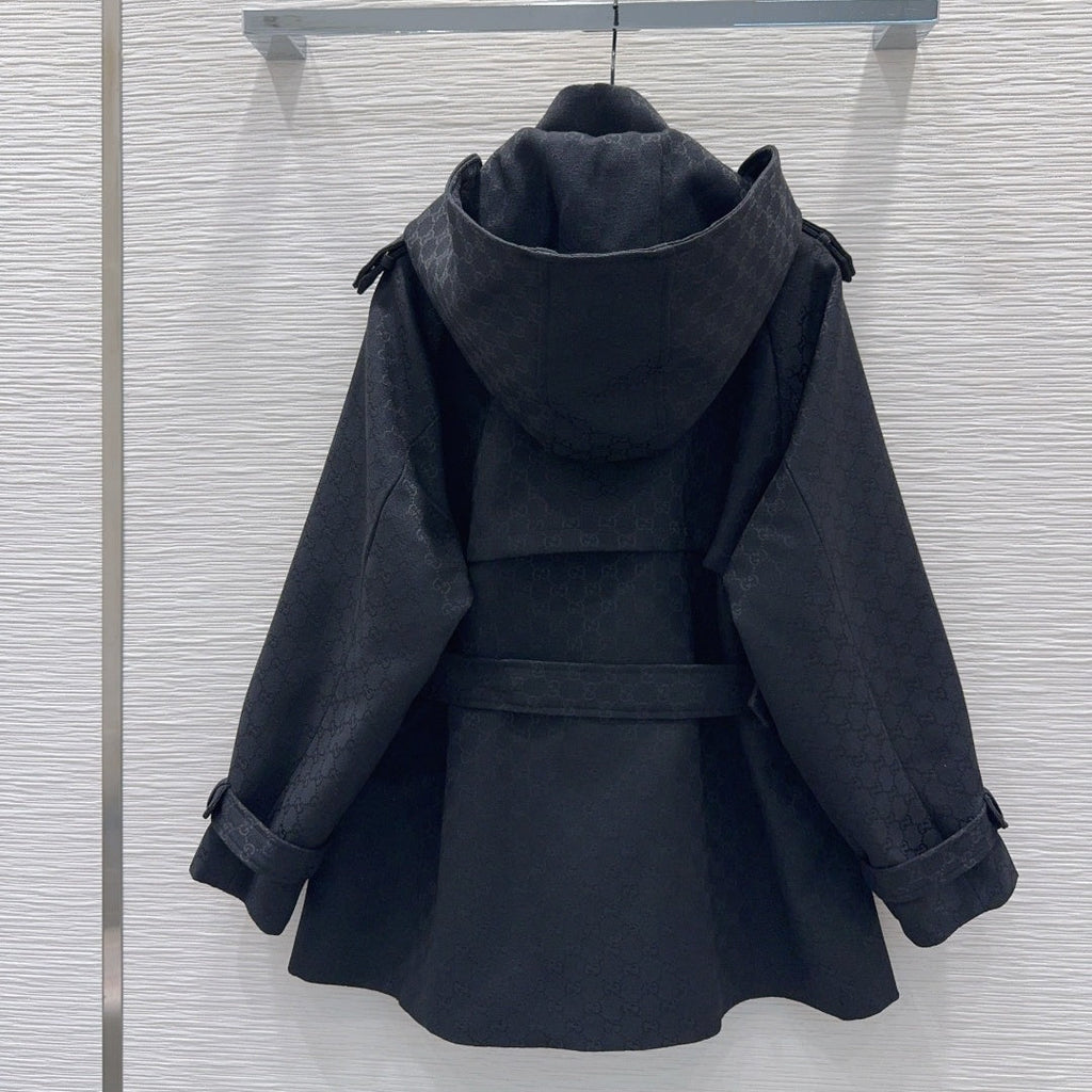 New Fashion Women's All Over Print Hooded Belted Trench Coat CQQ1326102009