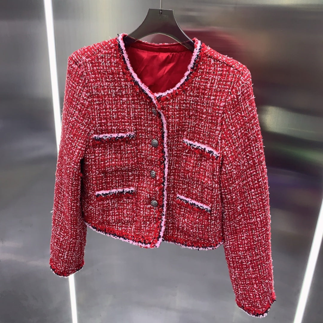 New Christmas Fashion Women's Red Tweed Short Jacket CQQ1326102012