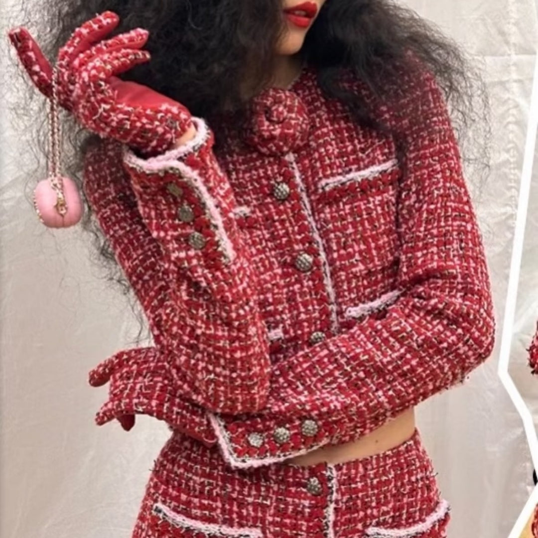 New Christmas Fashion Women's Red Tweed Short Jacket CQQ1326102012