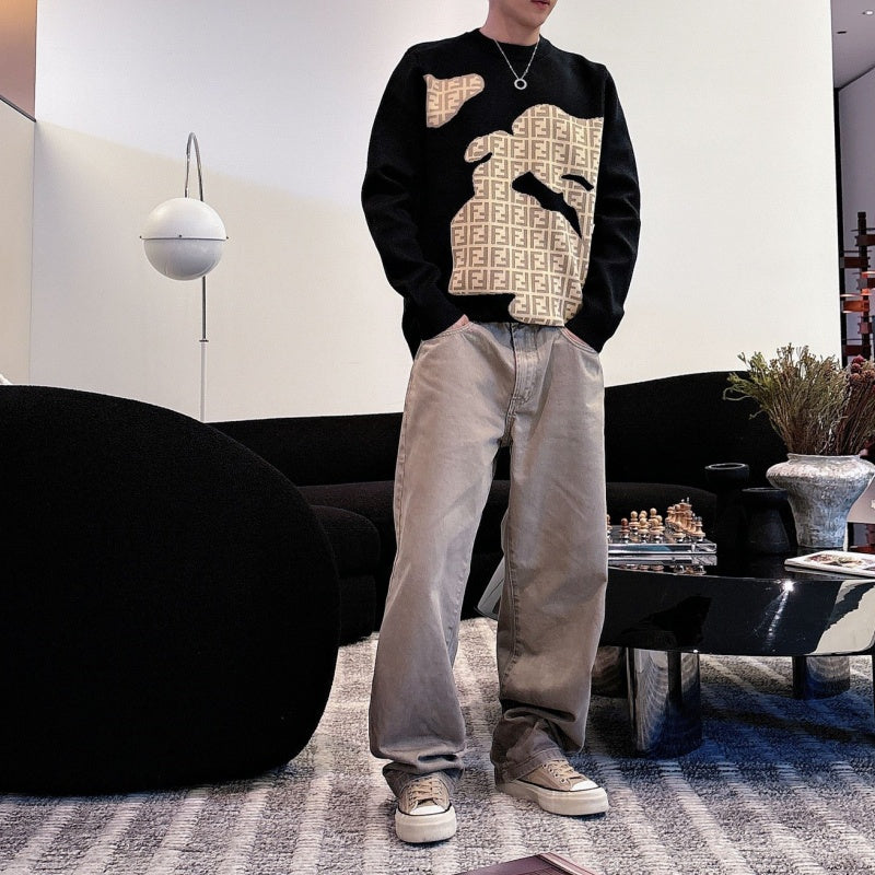 New Fashion Men's Irregular FF Jacquard Crew Neck Sweater SJ1326102115