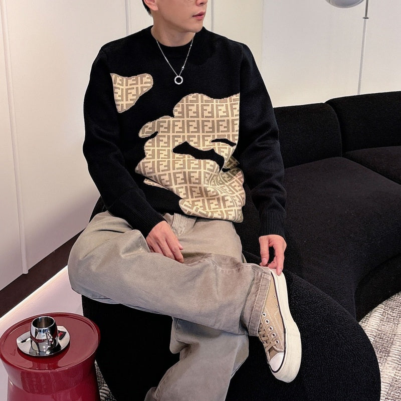 New Fashion Men's Irregular FF Jacquard Crew Neck Sweater SJ1326102115