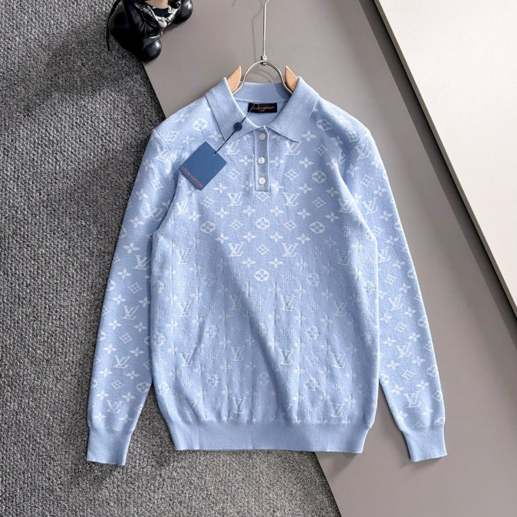 New Fashion Men's Light Blue Monogram Polo Sweater MJ1326102220