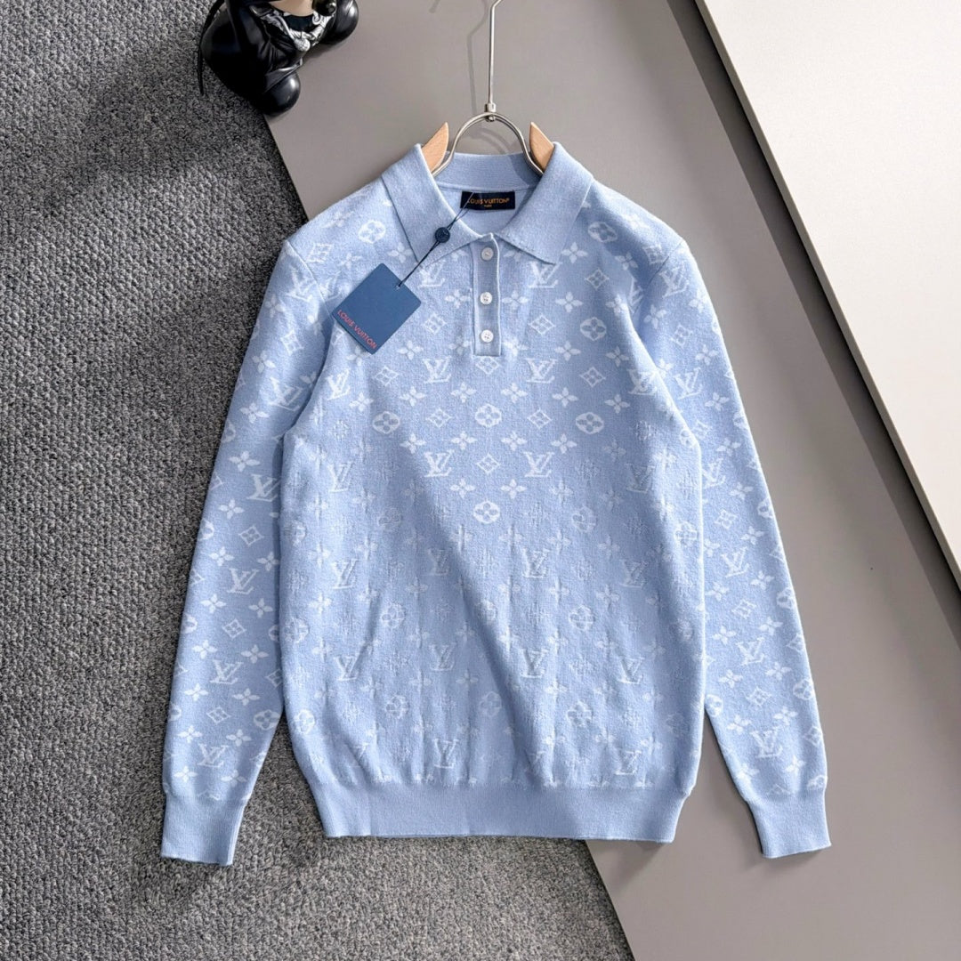 New Fashion Men's Light Blue Monogram Polo Sweater MJ1326102220