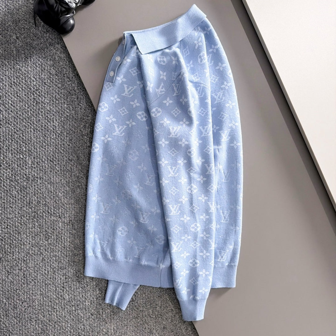 New Fashion Men's Light Blue Monogram Polo Sweater MJ1326102220