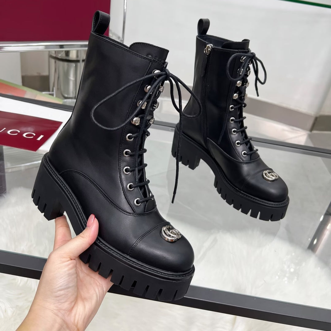 New Arrival Women's Double G Buckle Lug Sole Combat Boots XY1326102302