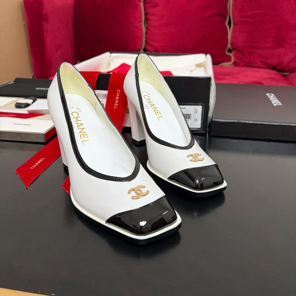 New Arrival Women's CC Logo Block Square Toe Block Heel Pumps XC1326102306