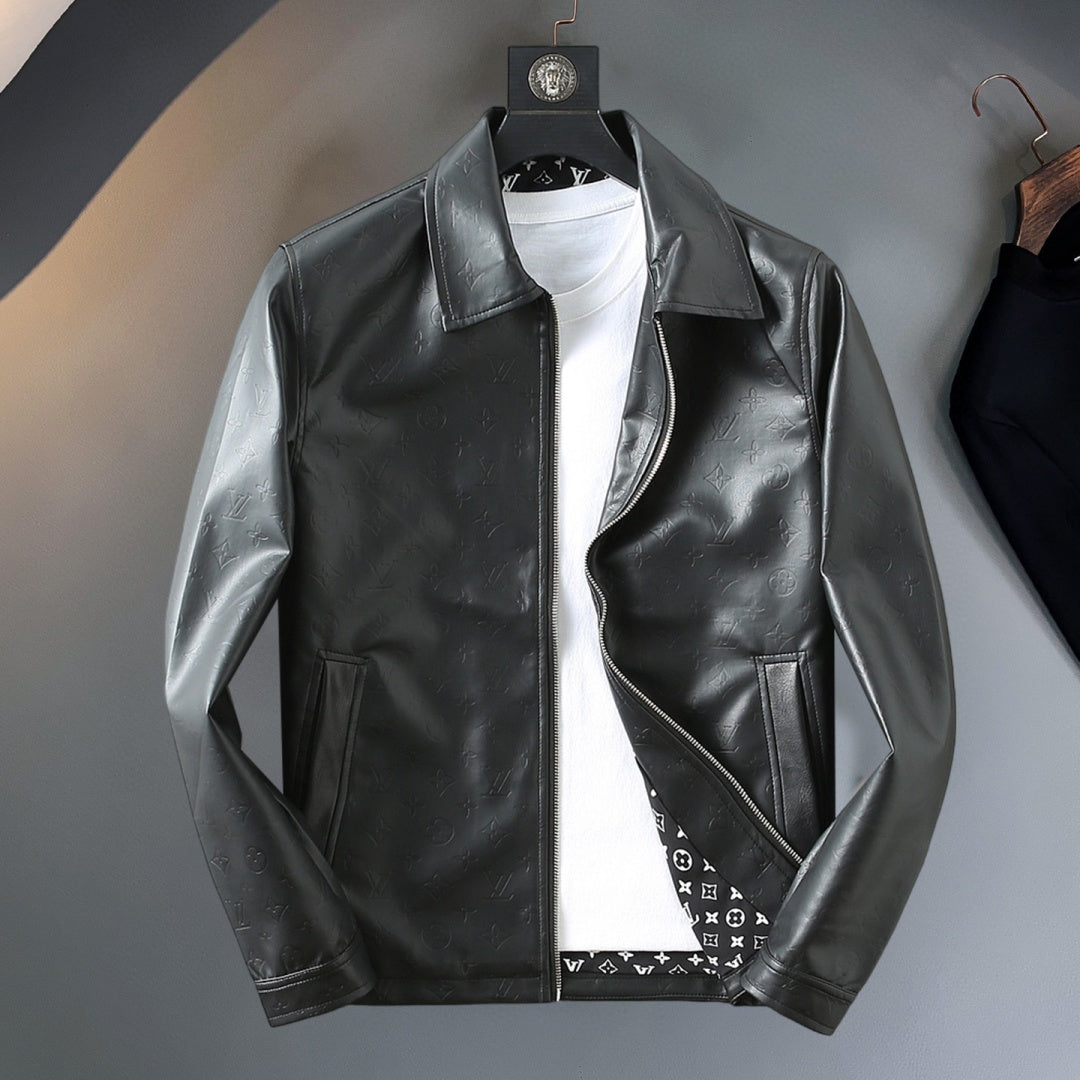 New Fashion Men's Embossed Collared Leather Jacket HB1326102710